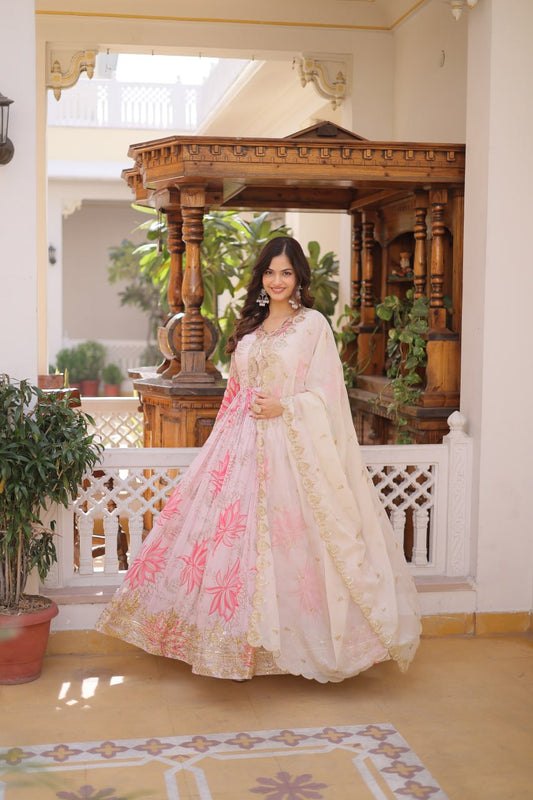 Suman Digital Printed Embroidery Work Russian Silk Gown