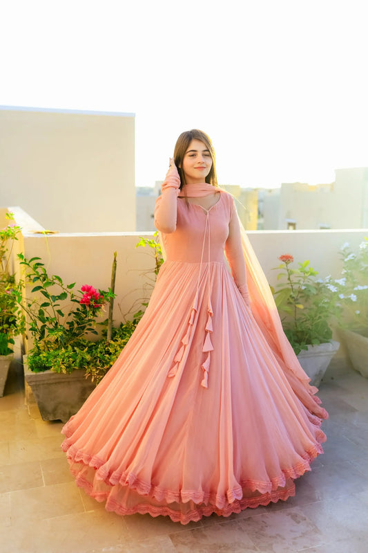 Sujata Solid Peach Long Flair Double Layered Anarkali With Dupatta