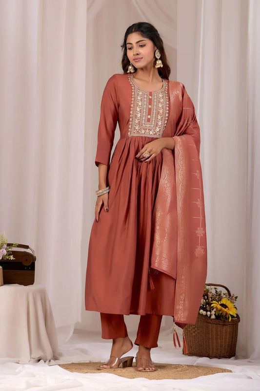 Suhani Women Rust Embroidered Stylish Straight Kurta Set