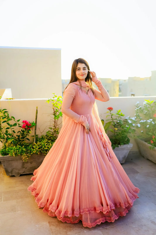Sujata Solid Peach Long Flair Double Layered Anarkali With Dupatta