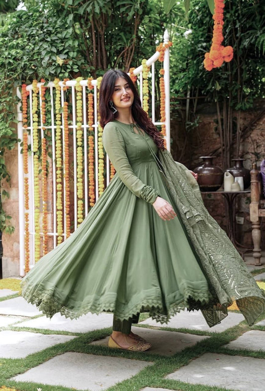 Raveena Ceremony Wear Mehndi Color Gown With Work Dupatta
