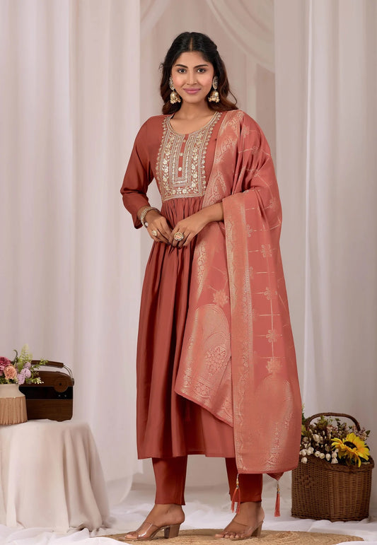 Suhani Women Rust Embroidered Stylish Straight Kurta Set