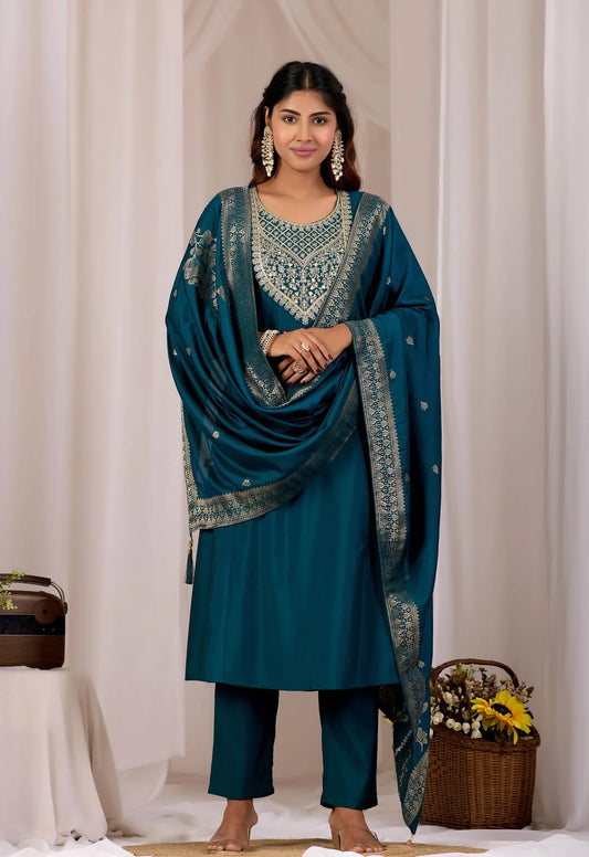 Alia Teal Embroidered Kurta Set With Dupatta