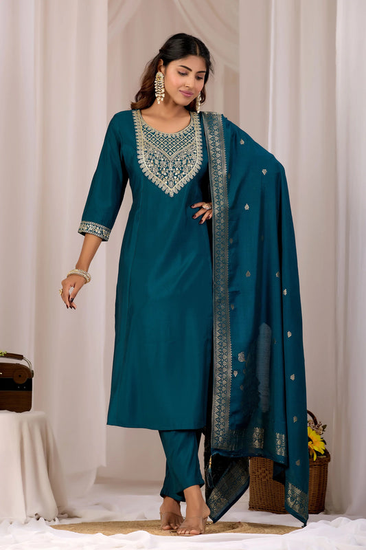 Alia Teal Embroidered Kurta Set With Dupatta
